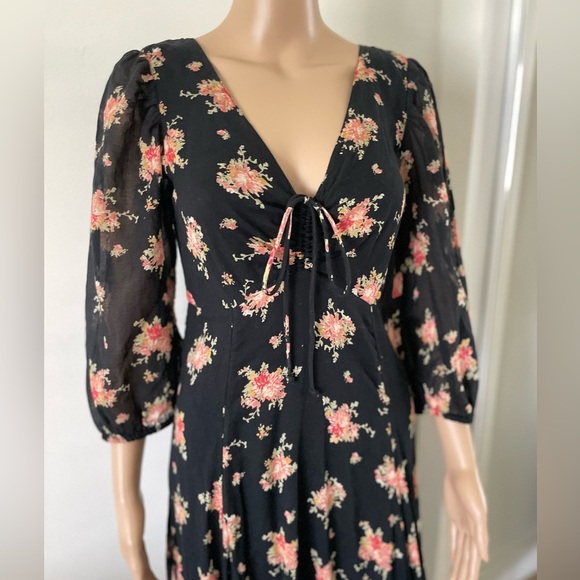 Free People Dresses & Skirts - Free People Tiered Floral‎ Maxi Dress Asymmetric Hem Layered Black Cottage Boho
